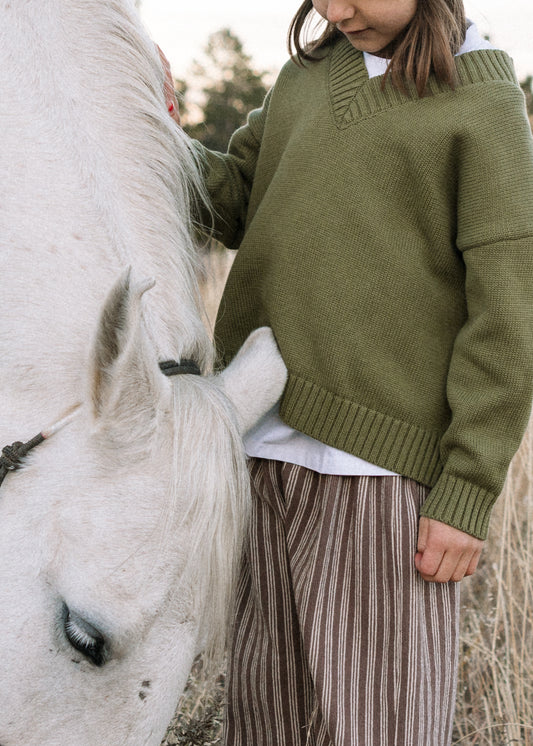 Knitted V-Neck Sweater- Olive
