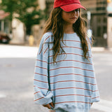 Lightweight Striped Crewneck- Light Blue